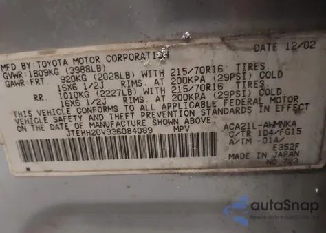 2003 Toyota Rav4 from USA, damaged, VIN JTEHH20V936084089